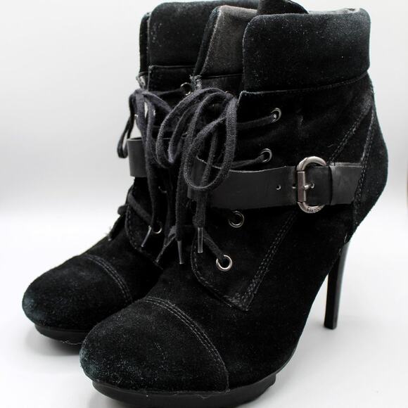 GUESS Lace Up Black Leather Heeled Booties Size 8 - Picture 3 of 10